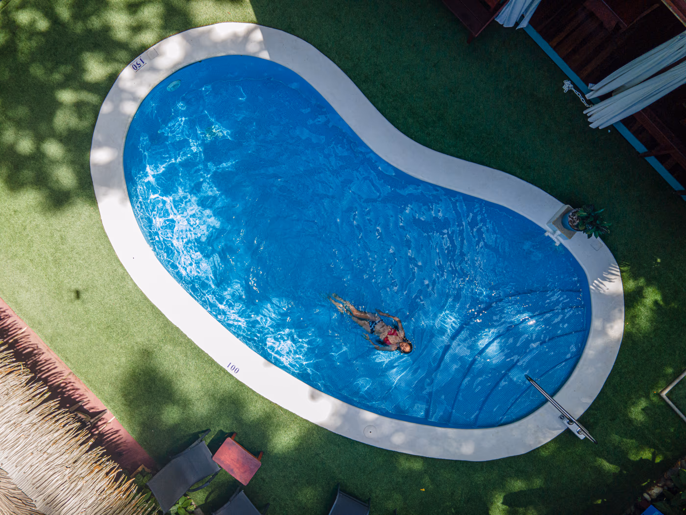 Overhead view of the pool and gardens