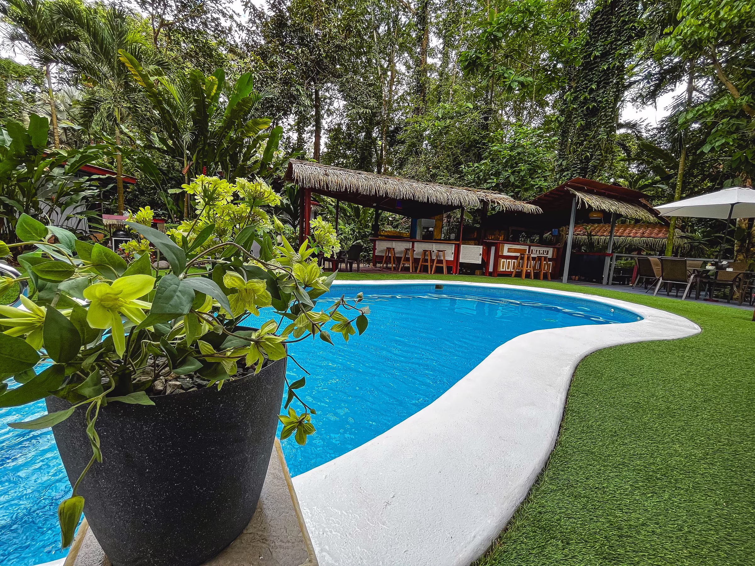 The thatched poolside bar with its wooden stools, a few steps from the pool at Namuwoki Lodge