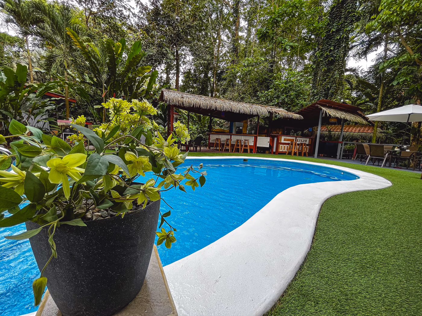 Swimming pool surrounded by tropical gardens at Namuwoki Lodge